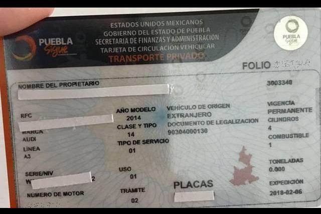 Multarán con 8 mp no cambiar tarjeta de circulación en Puebla