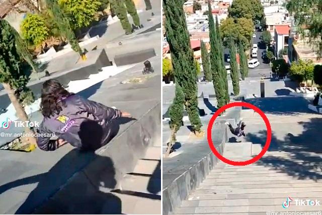 Chica de Tlaxcala se desliza por escalinata y se impacta de frente (video)