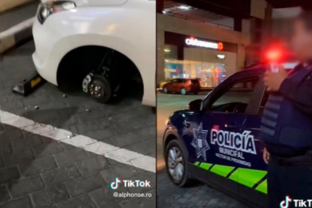 Dejan sin llantas a auto en Puebla y acusan a policías de estar dormidos (video)
