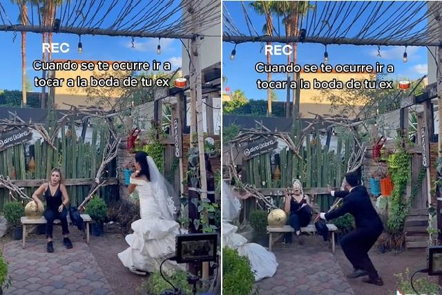 Chica toca en boda de su ex y novia le da un pastelazo