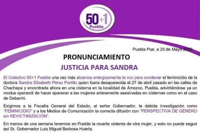 Colectivo 50+1 pide justicia para Sandra Elizabeth Portillo